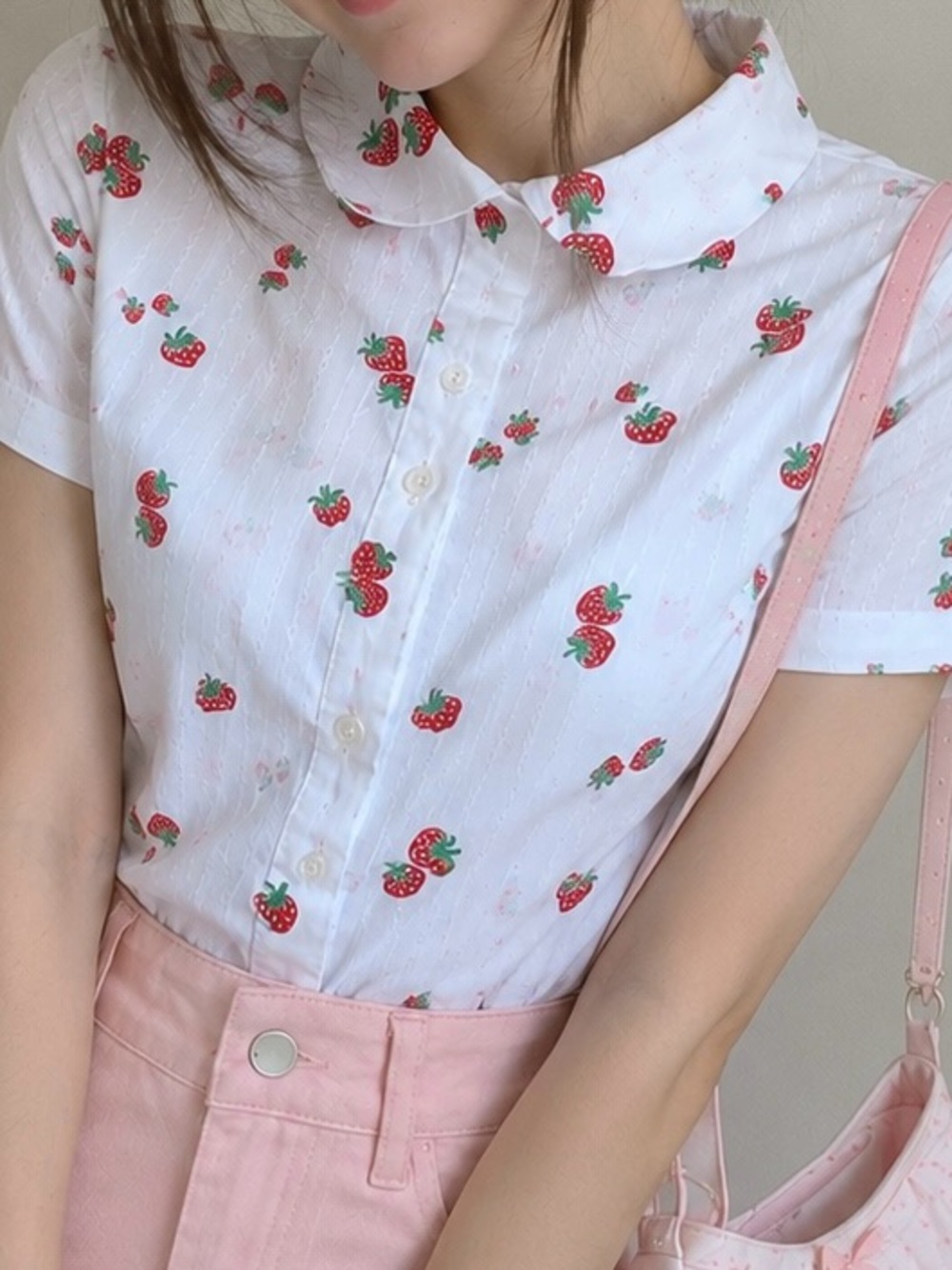 Strawberry Print Button Front Top White Cottagecore Coquette Short Sleeve Top S